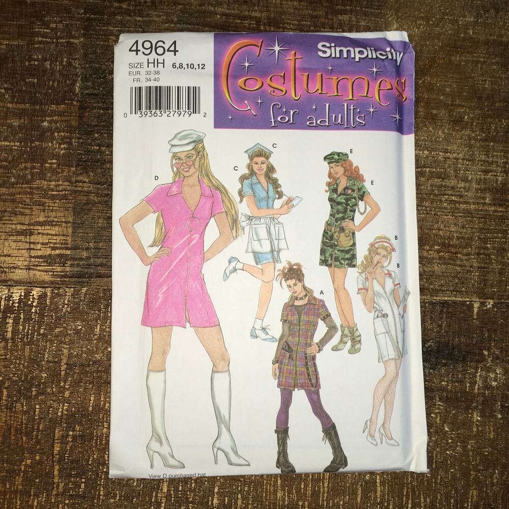 Simplicity Sewing Pattern 4964 Y2K Costume Gogo Carhop Soldier Nurse 6-12 UNCUT